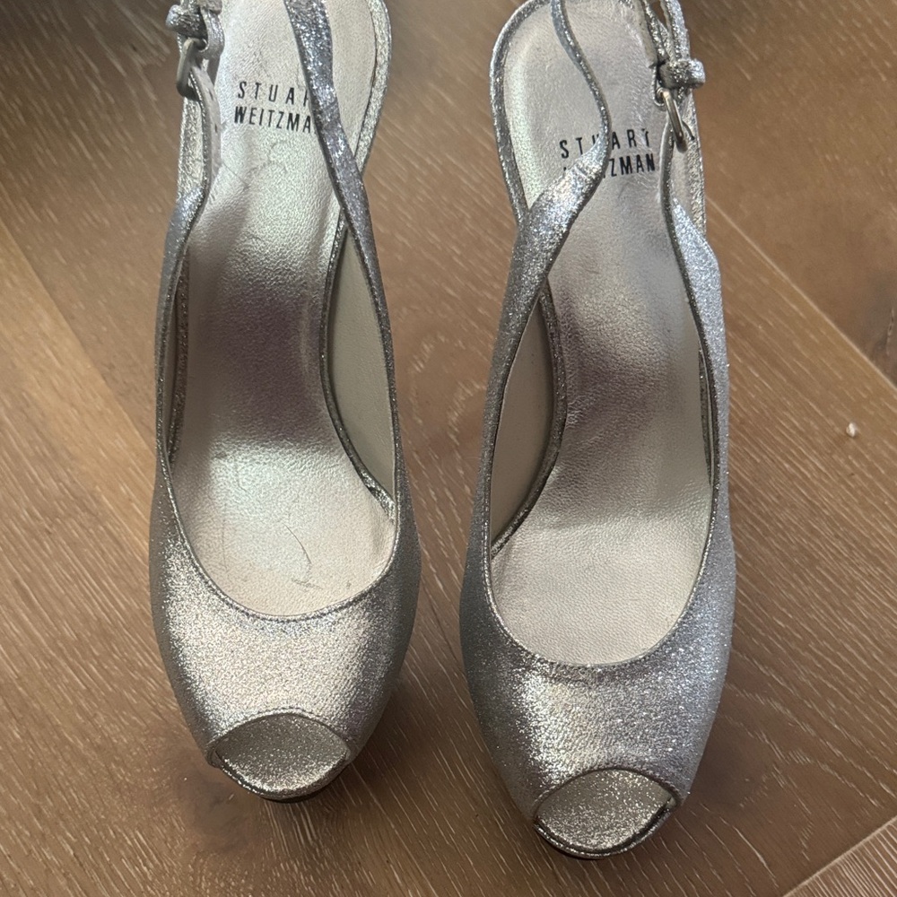 Stuart Weitzman Glittering Silver Slingback Heels